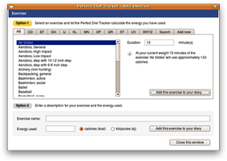 Add exercise to the diet diary (Ubuntu Linux screenshot)