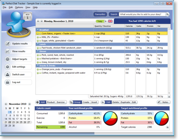 Full view of the main diary. Let the software count calories for you.  Quick glance nutritional profiles. 