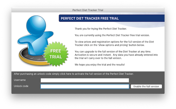 Free trial screen - Shown to users before they register the software