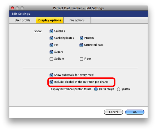 Settings screen to enable or disable the display of alcohol in the nutrition pie charts.